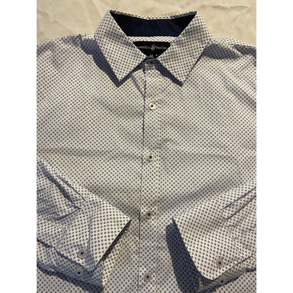 Beverly Hills Polo Club Dress Shirt White With Blue Geometric Long Sleeve Sz M